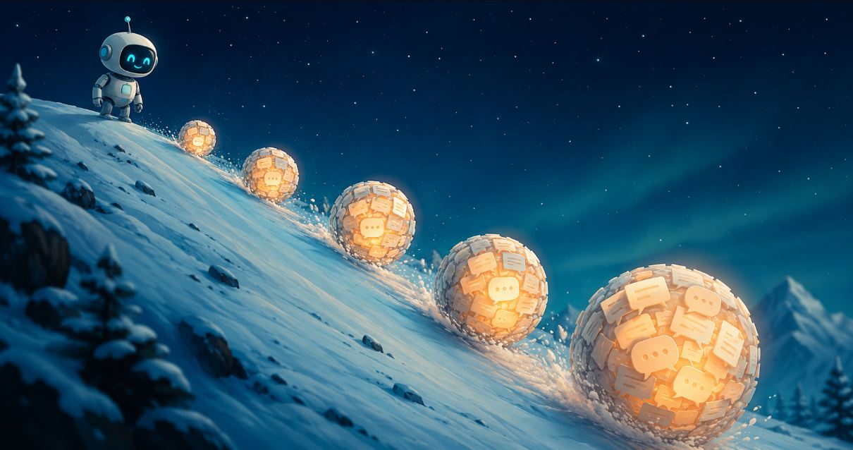 O efeito snowball: por que a mensagem 50 pesa 6x na janela de contexto