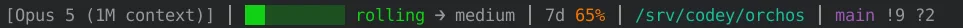 Statusline do Claude Code mostrando a fase steady da bola de neve e o percentual da janela de contexto